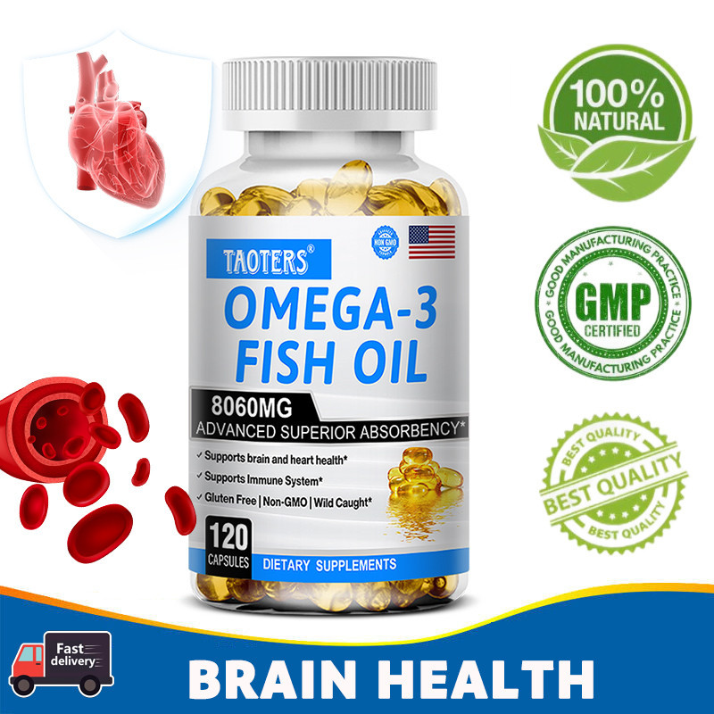 Omega 3 อาหารเสริมน้ํามันปลา 8060 มก. สําหรับสมองและหัวใจ - รองรับสุขภาพดวงตา 120 แคปซูล