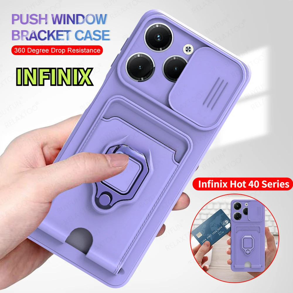 ปลอกสําหรับ Infinix Hot 40 Pro Smart8 Smart8Pro 4G 5G 2024 เคสโทรศัพท์มัลติฟังก์ชั่น Soft TPU ช่องเสียบการ์ดแหวนสําหรับ Hot40 Hot40Pro Hot40i 40i Stand Holder Lanyard สไลด์