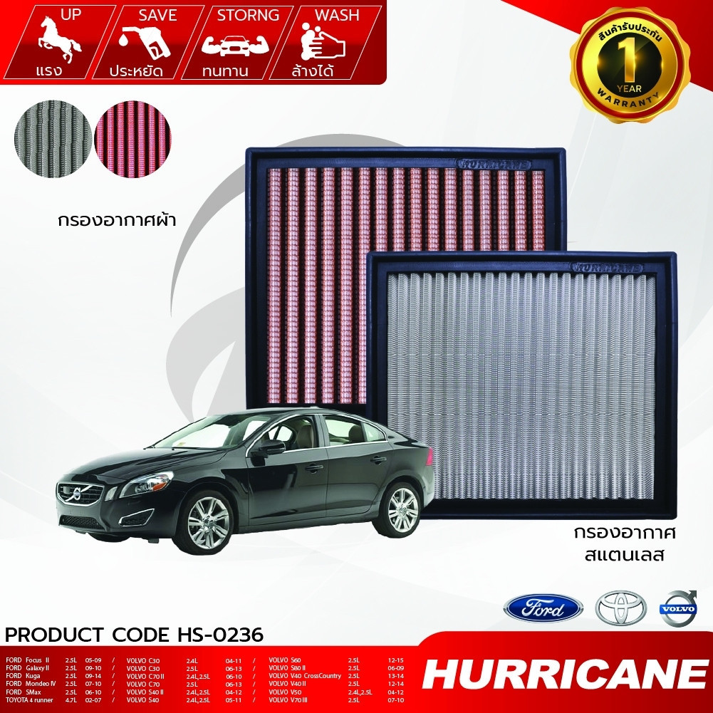 HURRICANE กรองอากาศรถยนต์ผ้าแดง & สแตนเลส Ford Toyota Volvo HS-0236