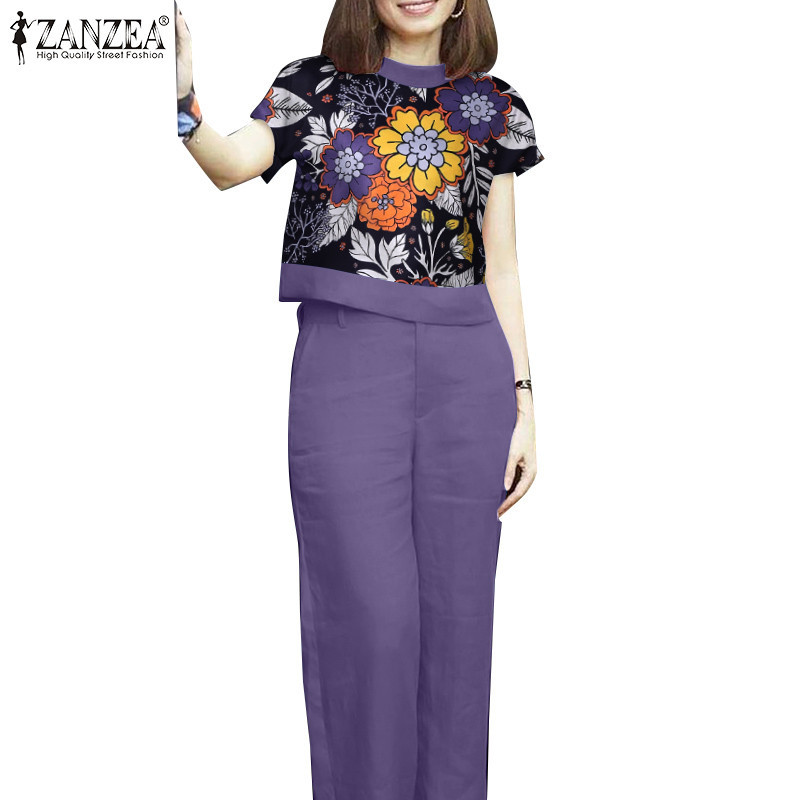 Zanzea ผู ้ หญิง Vintage Casual Stand-Up Collar Patchwork แขนสั ้ น Zip Tops กางเกง