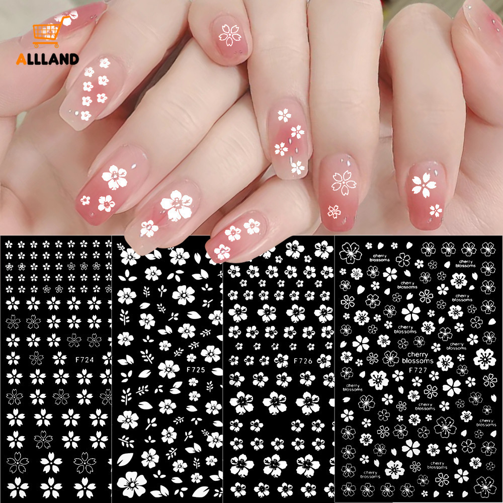 3 แผ่น Cherry Blossom สติ๊กเกอร์ติดเล็บ - กลีบดอกไม้สีขาวสติ๊กเกอร์ติดเล็บ - เลเซอร์ Star กาวตัวเลื่อนเล็บตกแต่งเล็บ
