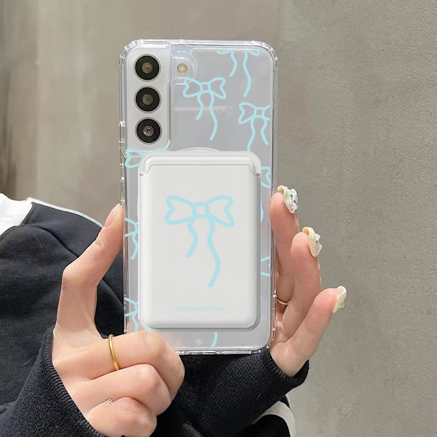 Light Blue Bow กระเป๋าสตางค์ชุดสําหรับ Samsung s22 s22plus ultra Case Girly S23 S23Plus s23fe s24 s24plus s24ultra ปกหลัง