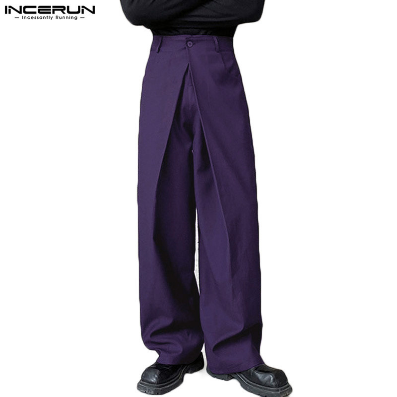 Incerun ผู ้ ชายเกาหลีลําลองจีบสีทึบออกแบบกางเกงขากว ้ างหลวม