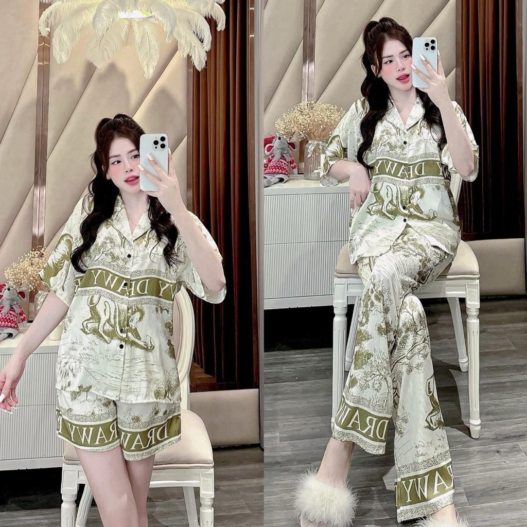 Dawy Bat Sleeve Pajama Set ในนักเก็ตสีเขียวพิมพ์ลายผ้าผ้าไหมครบชุดสําหรับผู้หญิงน่ารัก TD65 Sammy