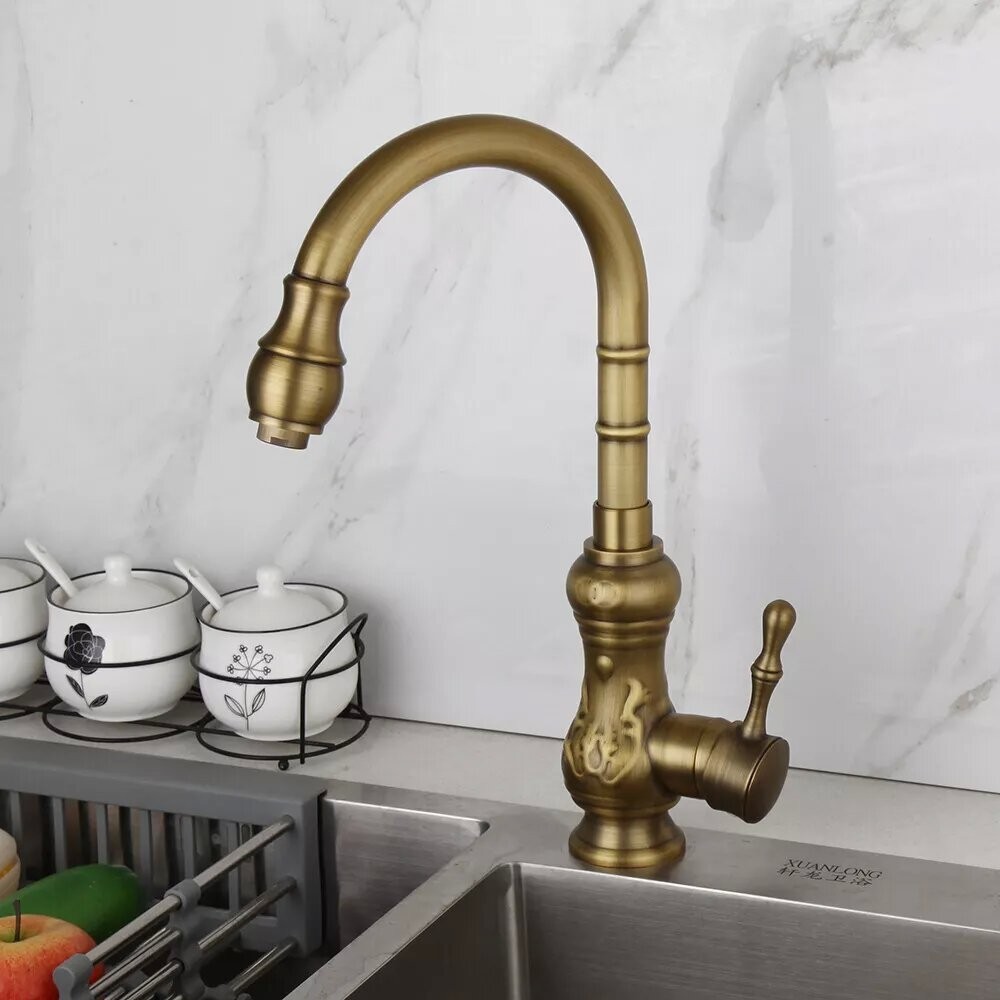 ก๊อกน้ําอ่างล้างหน้าโบราณแกะสลัก360°Swivel Spout Basin Deck ติดตั้ง Sink Mixer Taps Zv06