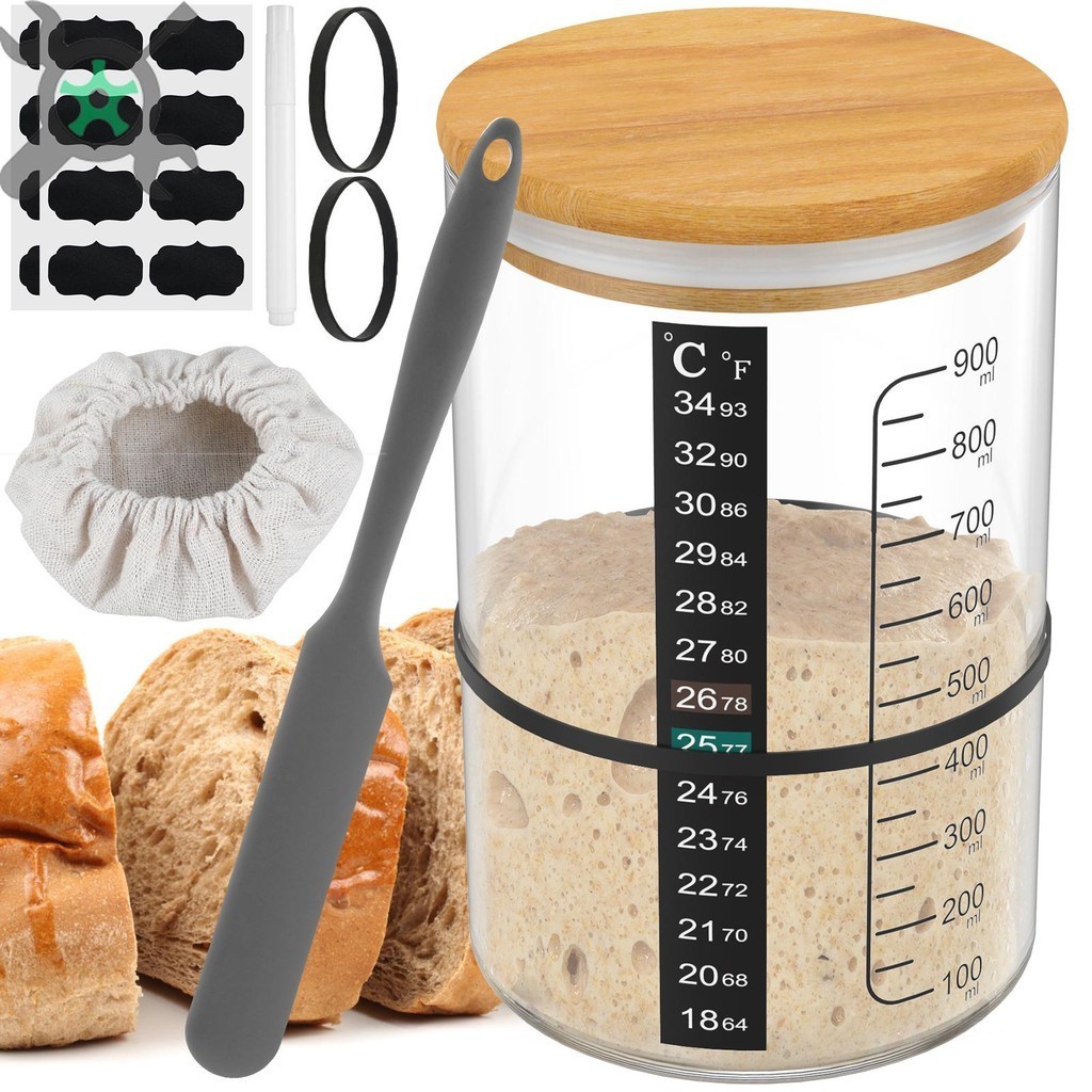 10 ชิ้น Sourdough Starter Jar ชุด 900ml ทนความร้อน Sourdough Starter คอนเทนเนอร์ฝาไม้นํากลับมาใช้ใหม