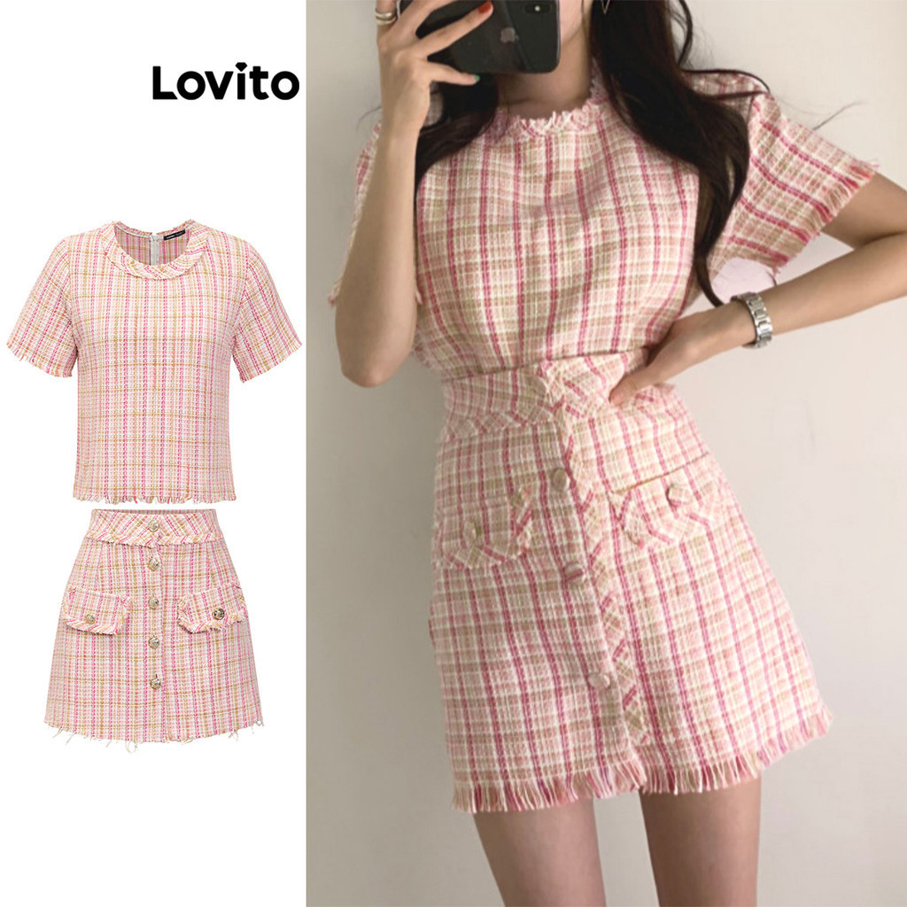 Lovito ชุดเซ็ทกระโปรงผู้หญิง ผ้าทวีด สีพื้น สไตล์ลำลอง L87ED137
