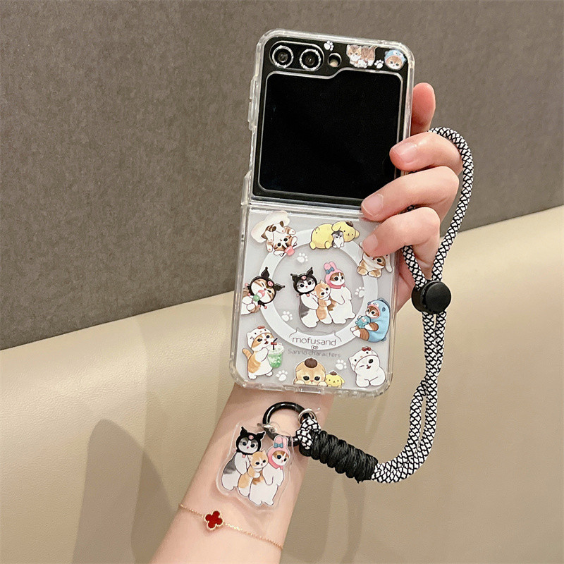 Sanrio MOFUSAND เคสโทรศัพท์แม่เหล็กแม่เหล็กขาตั้งโทรศัพท์สําหรับ Samsung Z Flip 6 Galaxy Z Flip 5 Flip 4 Flip 3 สายคล้องโทรศัพท์ฮาร์ดโปร่งใสกันกระแทก