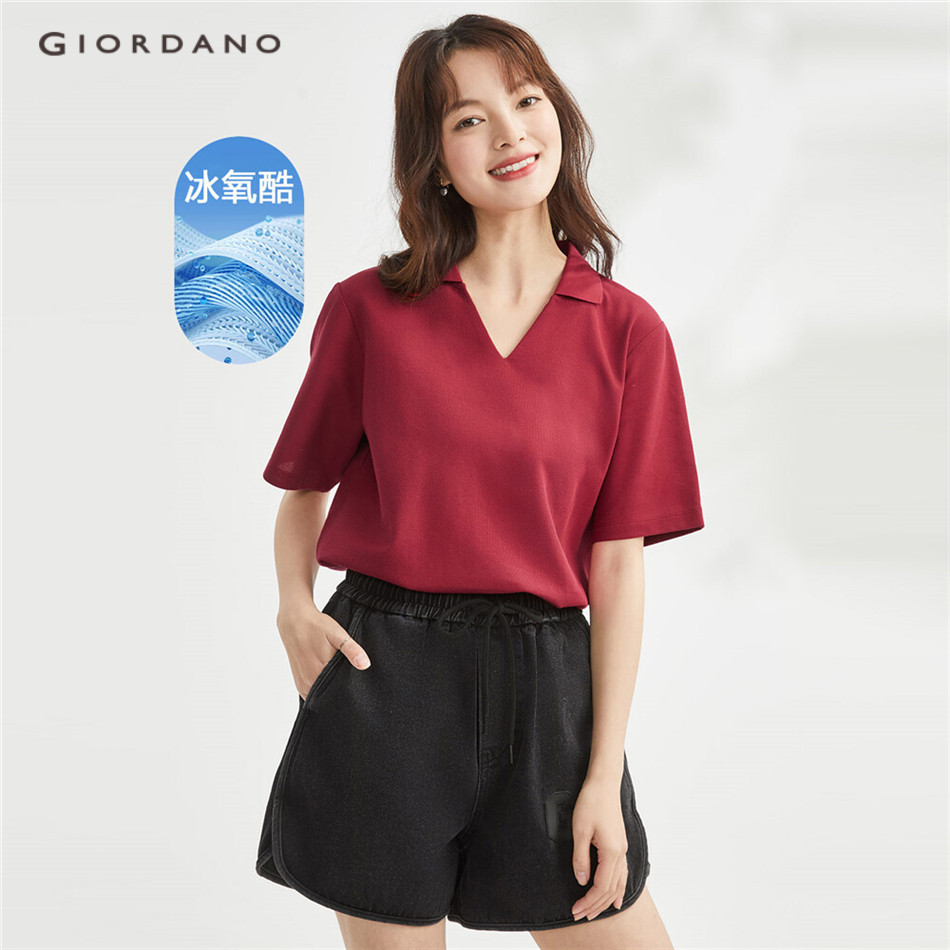 GIORDANO WOMEN Ice cooling v-neck collar short sleeve polo shirt 13314303