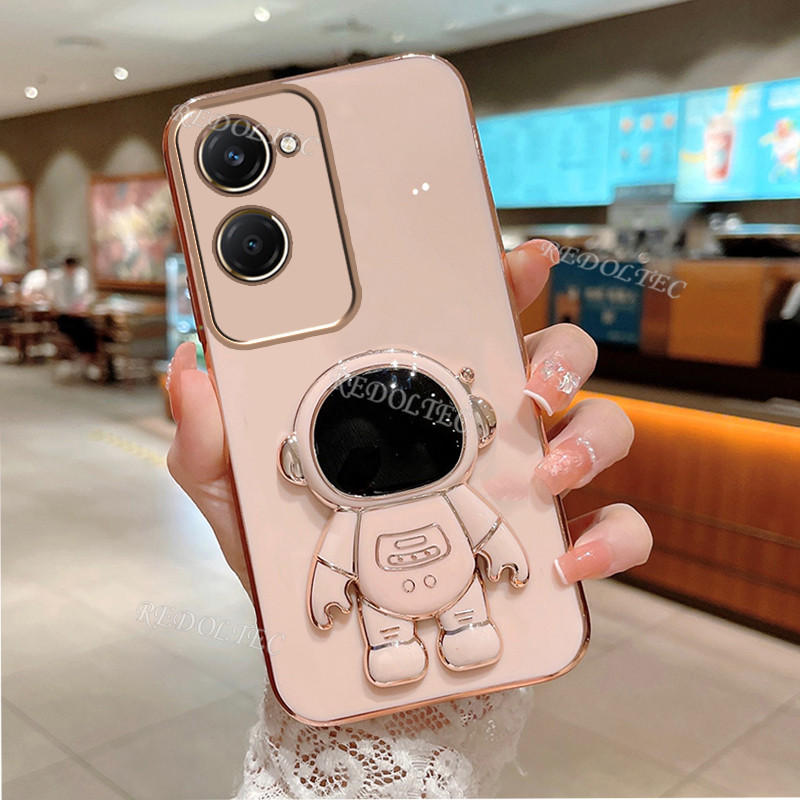 นักบินอวกาศกรณี VIVO Y18 ใหม่ 6D ชุบปลอก VIVO Y18 Y 18 VIVOY18 Cosmic Spaceman ซิลิโคนนุ่มฝาครอบโทรศัพท์พร้อมขาตั้งผู้ถือ