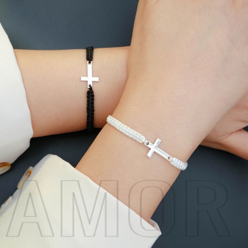 2ชิ้นสีดําสีขาวข้ามถักสร้อยข้อมือ-โกธิค,แฟชั่น-คริสเตียนสายรัดข้อมือ-เครื่องประดับของขวัญ-ปรับ,สแตนเลส,แฮนด์เมด-ทอคู่มือเชือก
