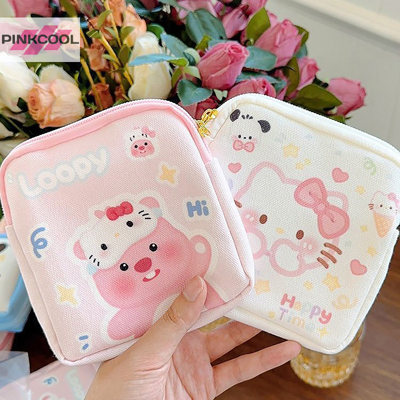 Pinkcool 1PC มินิเครื่องสําอางกระเป๋าใส่เหรียญกระเป๋าของขวัญ Kawaii Sanrio Hello Kitty การ์ตูนผู้หญิง Tampton ผ้าอนามัยถุงเก็บร้อน