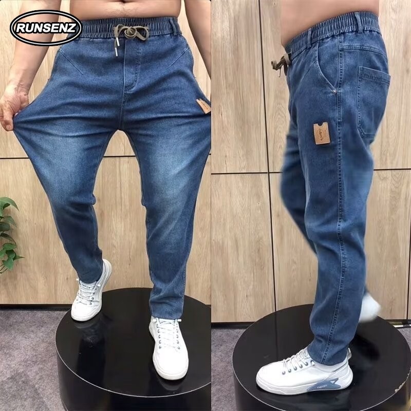 M-5xl เกาหลีแฟชั ่ นSlim Denimกางเกงผู ้ ชายขนาดบวกกางเกงยีนส ์ สบายๆสีดํากางเกงยีนส ์ กางเกงขายาว