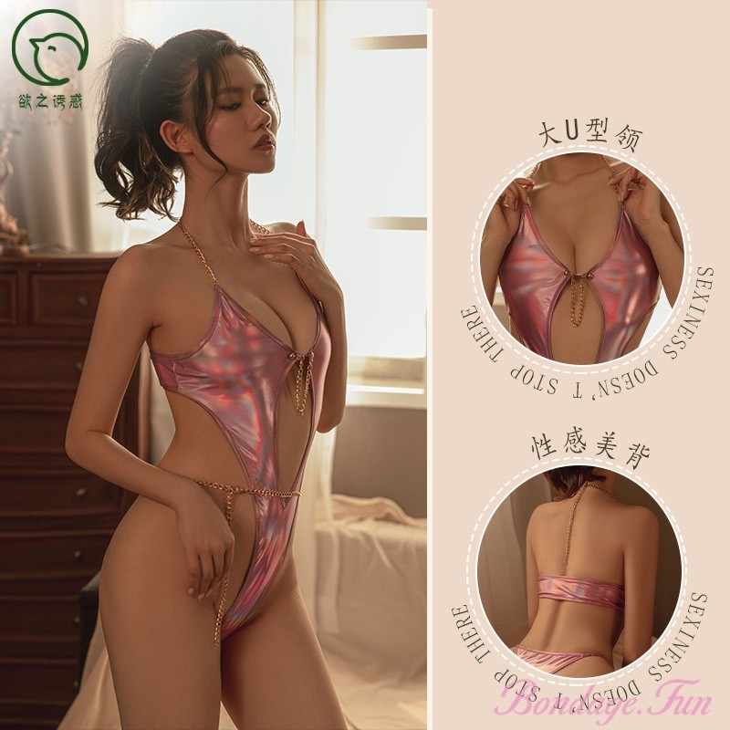 ผู้หญิงเซ็กซี่ชุดชั้นในเลเซอร์สีสันสดใสHalterneck backless Hollow Low-Cut High-Slitบอดี้สูท