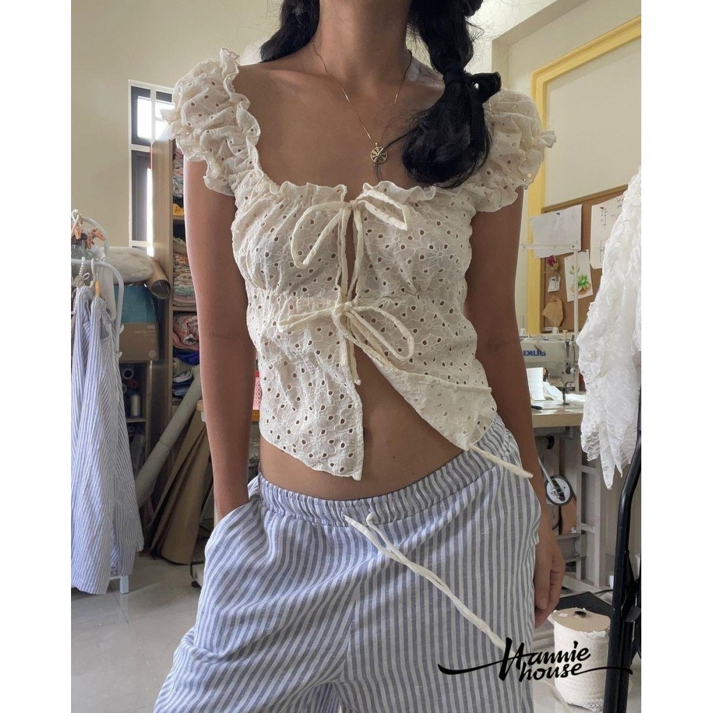 Hannie House- เสื ้ อยืดแขนสั ้ นคอเหลี ่ ยม Jacquard ย ้ อนยุคอเมริกันสําหรับผู ้ หญิง
