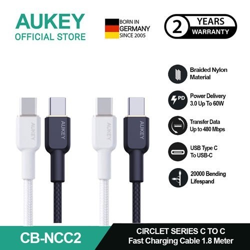 Aukey USB-C ถึง USB-C สายชาร ์ จเร ็ ว 3A สูงสุด 60W ไนลอนถัก 1.8M CB-NCC2