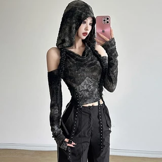 Wasteland สไตล์ Hand-Frayed Hooded Strapless เสื้อยืดแขนยาวผู้หญิง Slimmer ดูเอวสูงที่ไม่ซ้ํากันสั้น Maige เกราะ Mink 8