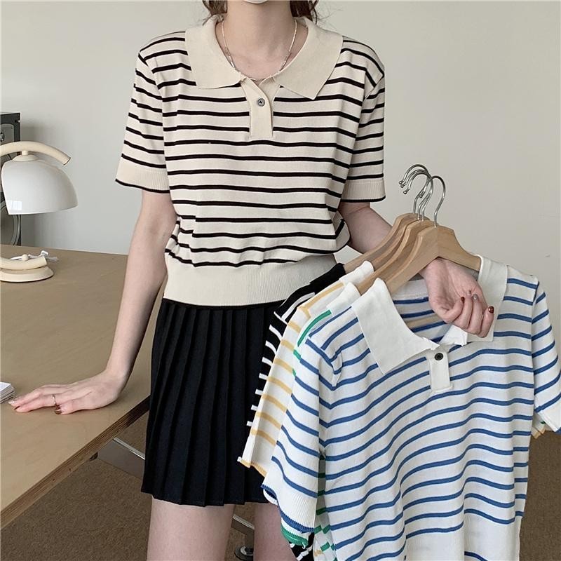 👚Anna👚14383❤️ ฤดูร้อนใหม่อเนกประสงค์สไตล์เกาหลีสั้นปกโปโลย้อนยุคลายหลวมกระชับสัดส่วนเก๋ไก๋แขนสั้นเสื้อถักนิตติ้ง