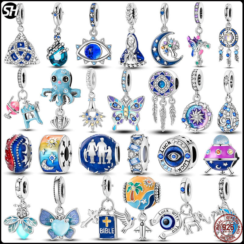 Choice Fit Original Charms สร้อยข้อมือลูกปัด Sapphire Charms ลูกปัด S925 เงินสเตอร์ลิงสีฟ้าฝัง Zirconium Dangle DIY เครื่องประดับ