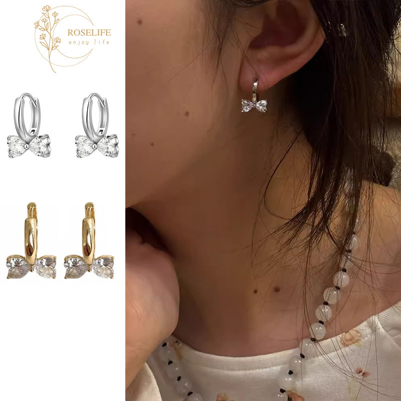 Roselife S925 เงินคริสตัลโบว์จี้ Hoop ต่างหูสําหรับสาวหมั้นอาหารค่ํา Party Bowknot หูเครื่องประดับอุปกรณ์เสริม