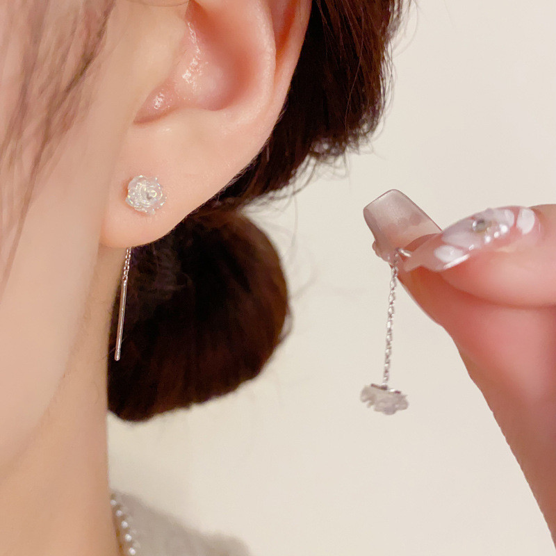 ขนาดเล ็ กขนาดเล ็ กประณีตแฟชั ่ นสีขาว Rose Ear Line ดอกไม ้ หูเจาะ Classy หรูหรา High-End ต ่ างหู