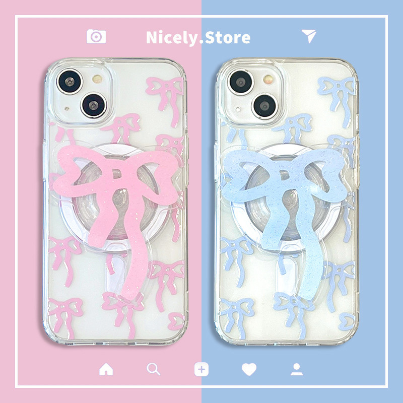 คุณภาพสูง Bowknot Magnetic Holder Stand ไร้สายชาร์จเคสโทรศัพท์สําหรับ iPhone 15 14 13 12 Pro Max 11 โปร่งใสกันกระแทกอะคริลิค Hard Casing