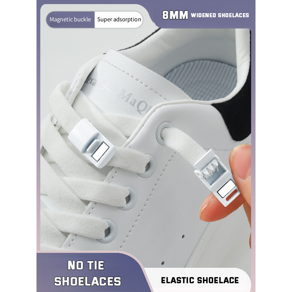 Elastic laces รองเท้าผ้าใบล็อคแม่เหล็กรองเท้า laces ไม่มีผูกเด็กผู้ใหญ่ 8 มม.กว้างแบนไม่มี Tie Shoelaces สําหรับรองเท้าอุปกรณ์เสริม