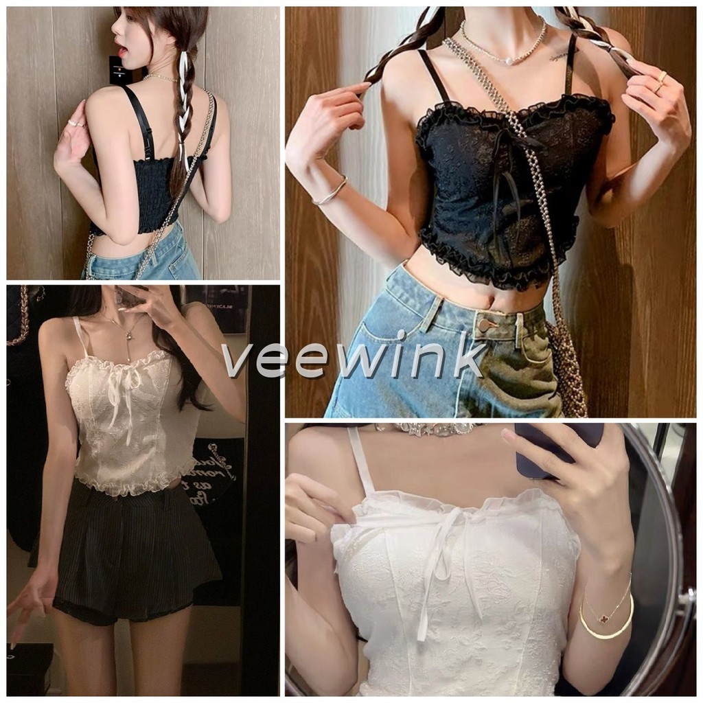 Veewink พร้อมส่งจากกทม เสื้อครอปท็อป สายคล้องคอ เสื้อครอปลายดอก เสื้อกั๊ก สายคล้องคอคอแต่งลูกไม้