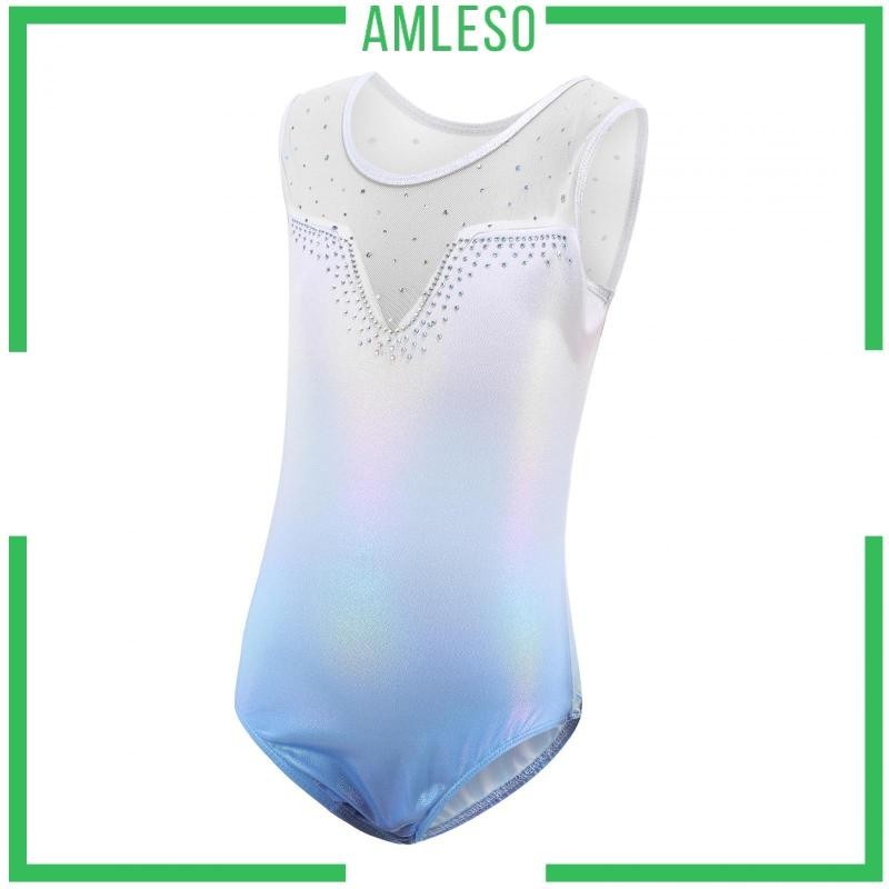 [ Amleso ] Girls Gymnastics Leotards Dancewear Blue Sleeve Ballet Leotard Shiny