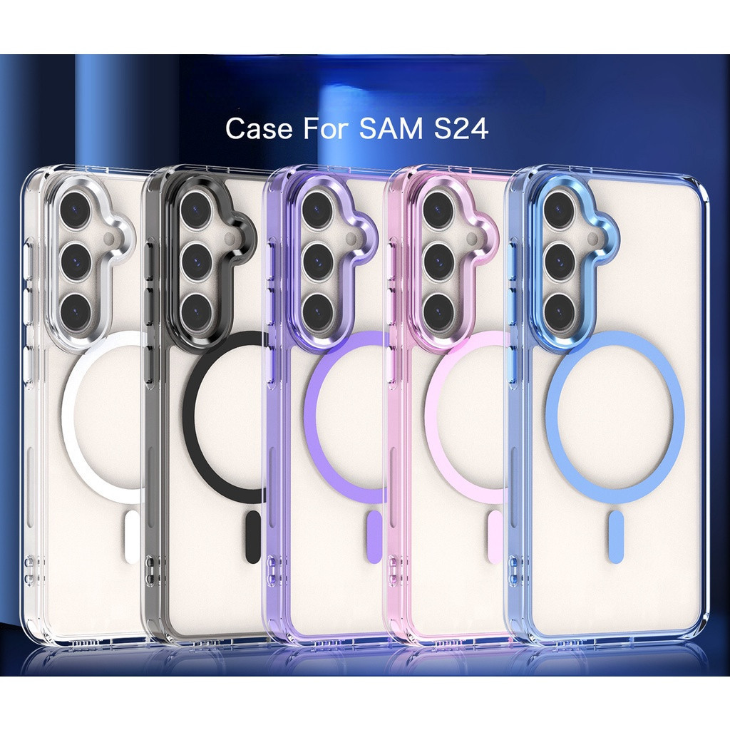 เลนส์โลหะ Samsung Galaxy S24 S23 Ultra Plus FE A55 A14 A15 A34 A54 A13 A24 A25 A35 กันกระแทกใสสีชมพูหนาหนาเคสโทรศัพท์แม่เหล็ก