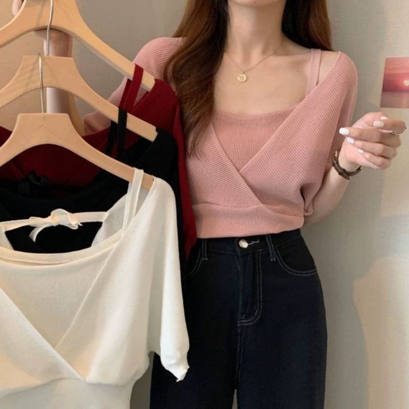 Glassy Sky พร้อมส่ ​ (3018) เสื้อไหมพรมเปิดไหล่แขนสั้น ผ้าร่องนิ้มใส่สบายมาก