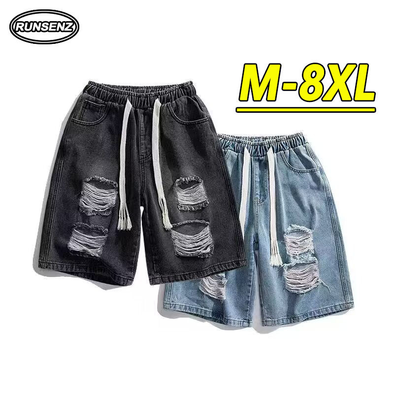 M-8xl เกาหลี Ripped กางเกงยีนส ์ กางเกงขาสั ้ นผู ้ ชายขนาดบวกกางเกงยีนส ์ ฤดูร ้ อนหลวมสบายๆขาตรงยีนส ์