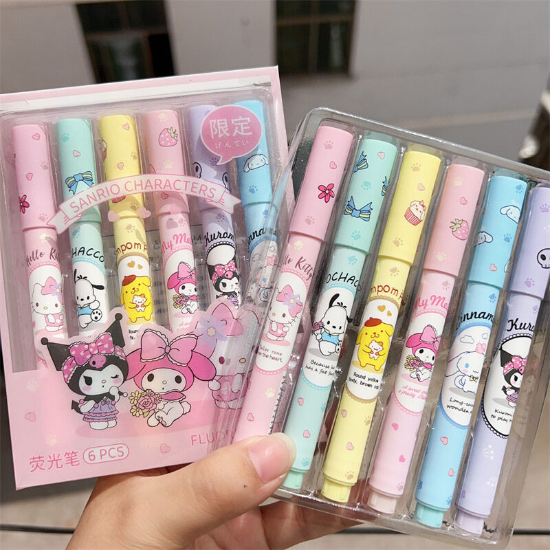 SANRIO ปากกาเน้นข้อความซานริโออบเชยน่ารัก6ชนิดบรรจุกล่องปากกายาสูบสีมูลค่าสูงมัลติฟังก์ชั่คูโลมิสาวหัวใจคุโรมิไฮไลท์
