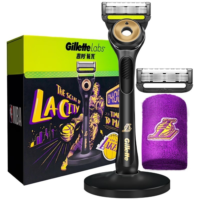 Gillette Labs มีดโกน Aurora Series Flexdisc ใบมีดเหนี่ยวนํา 5 ชั้น Sharp เคราโกนหนวดมีดโกนสําหรับผู้ชายพร้อมขาตั้ง NBA Gold