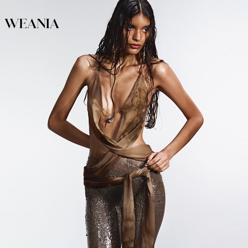 Weania เสื้อกล้ามเปลือยหลังพิมพ์ลายผูกเชือก