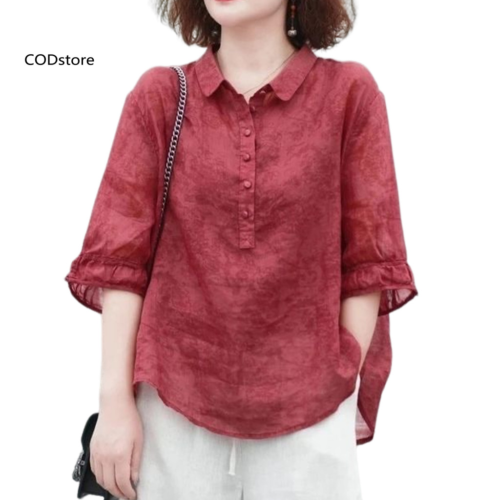 ปลาค็อด * ผู้หญิงครึ่งแขนเสื้อผู้หญิงปกเสื้อสไตล์สตรี ผ้าแจ็คการ์ด พิมพ์ครึ่งแขนเสื้อหลวมพอดีสีทึบด้านบนสําหรับเอเชียตะวันออกเฉียงใต้ แฟชั่นนิสต้า
