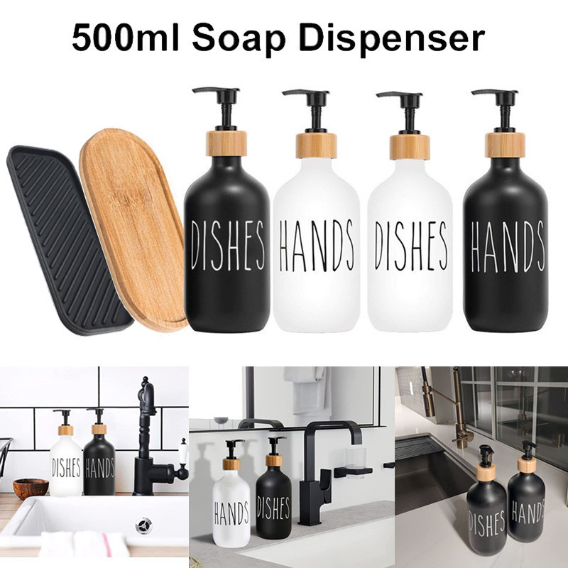2-หีบห่อ 500มล ชุดตู้ทําสบู่พร้อมปั๊มไม้และถาด ( ซิลิโคน / ไม้ ) การออกแบบขวดเปล่ารีฟิลสําหรับห้องครัวห้องน้ําสบู่ล้างมือแชมพูเจลอาบน้ํา