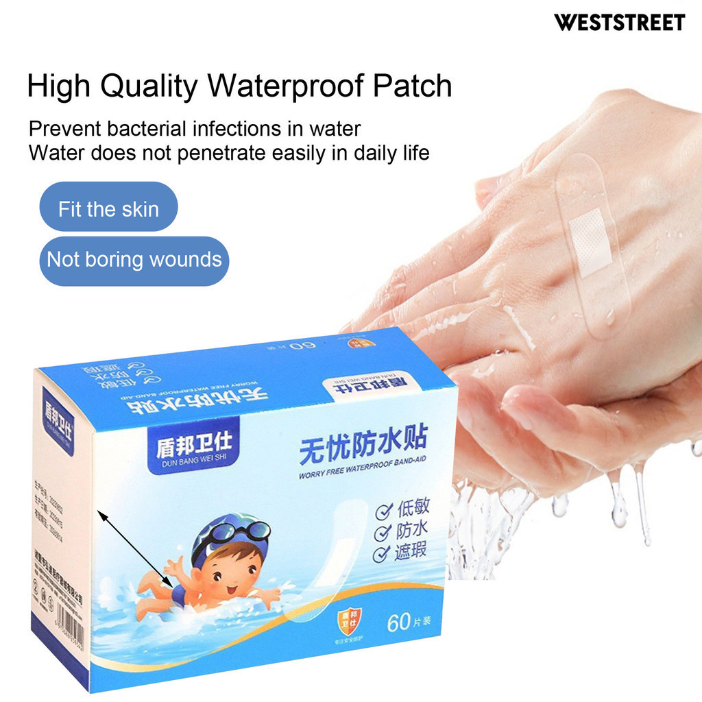 Weststreet 60 แผ่น/กล่องผ้าพันแผลกันน้ํา Self-Adhesive Breathable ว่ายน้ําอาบน้ํากันน้ํา Patch ฟิล์มโปร่งใส Dressing Wound Cover