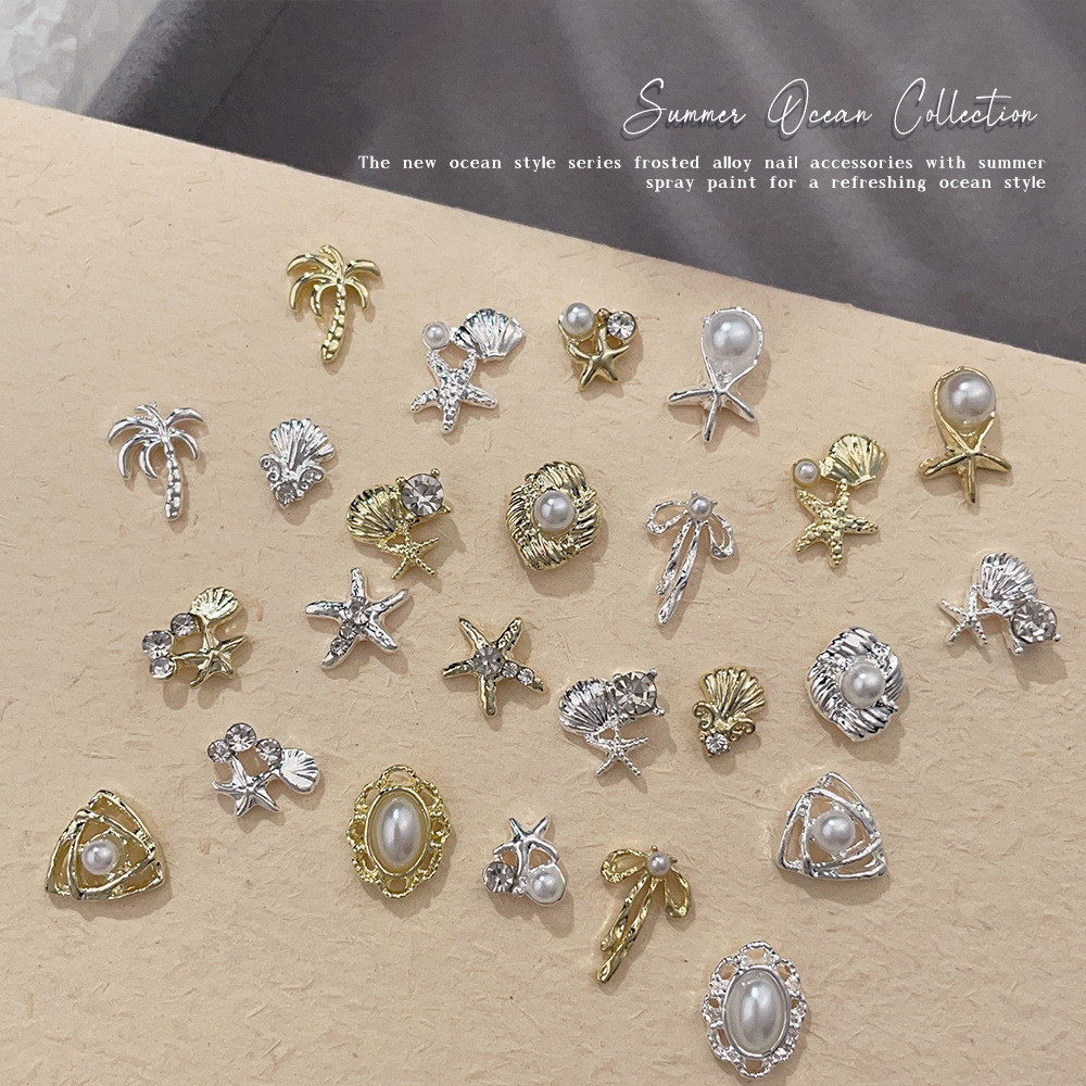 10ชิ้น ใหม่ชุดทะเลป้ายเครื่องประดับ,ต้นมะพร้าวฝังเปลือกเพชร,มุกดาวผีเสื้อตกแต่งเล็บ