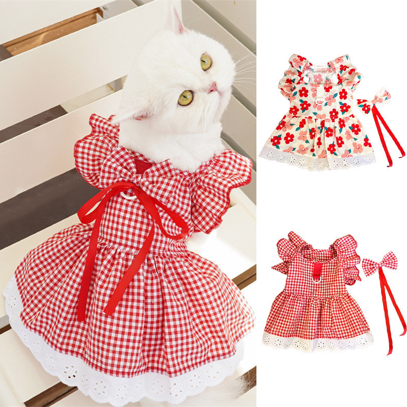 ชุดคริสต์มาสสําหรับสุนัข Shih Tzu กระโปรงลายสก๊อตสีแดง Ruffled Cat Dress Bowknot ดอกไม้สัตว์เลี้ยงเครื่องแต่งกายวันเกิดงานแต่งงานตกแต่ง