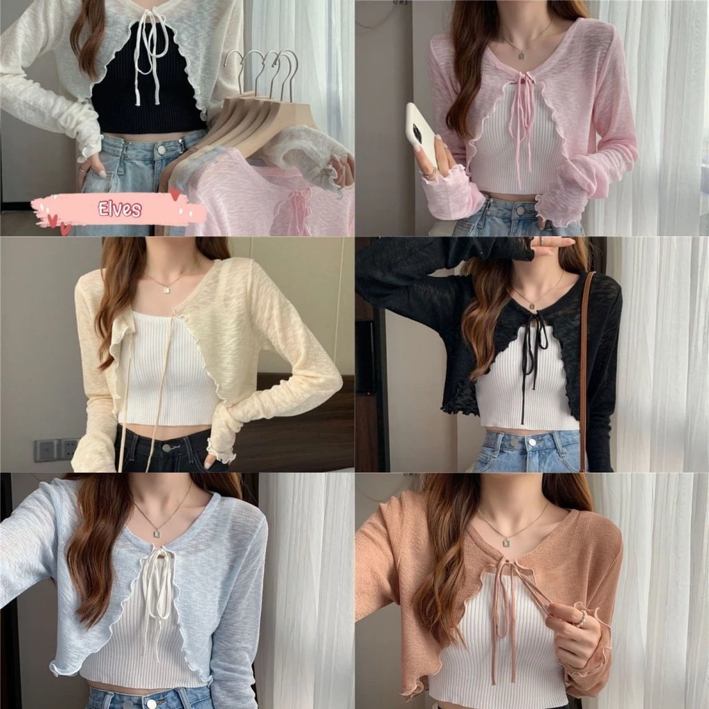 Elves✨พร้อมส่ง✨เสื้อคลุมไหมพรมซีทรู ดีเทลเชือกด้านหน้าปลายหยักดูดีมาก ~ Q605 ~ -C