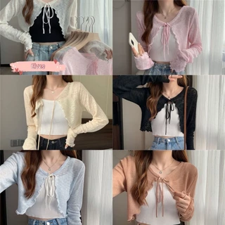Elves✨พร้อมส่ง✨เสื้อคลุมไหมพรมซีทรู ดีเทลเชือกด้านหน้าปลายหยักดูดีมาก ~ Q605 ~ -C