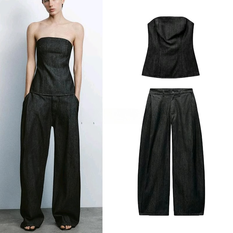 2025 ฤดูใบไม้ผลิผลิตภัณฑ์ใหม่ชุดสูทผู้หญิงผ้ายีนส์ที่ไม่มีสายหนังห่อหน้าอกด้านบน6929263 กางเกงพลีท6929213