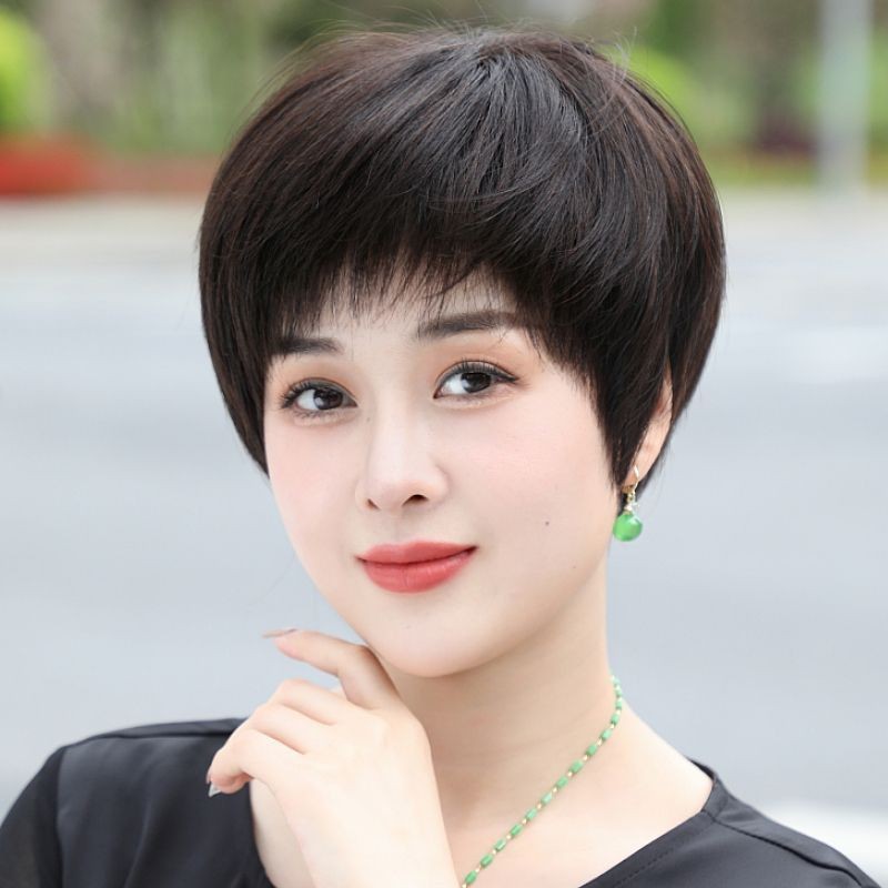 วิกผมหญิงวัยกลางคนผู้สูงอายุวิกผมสั้นวิกผมบางฤดูร้อนผมสั้นตรงเต็มวิกผมสไตล์เกาหลีวิกผม