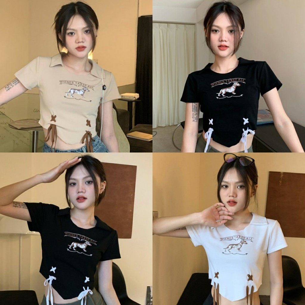 💗Anne💗เสื้อยืด ไหมพรม พิมพ์ลาย คอปก ผูกโบว์ คอวี เสื้อยืดแขนสั้น สไตล์ลำลอง ทรงสวย แฟชั่น🐾#49116/49122-C