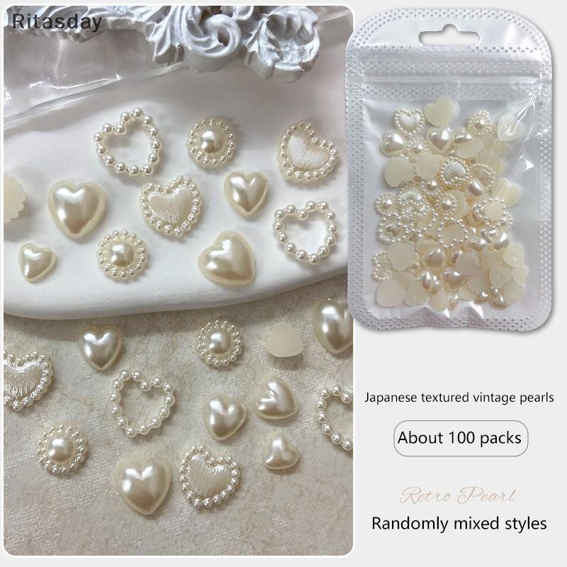 Ritasday 100 ชิ้น/ถุงผสมเพิร์ลเล็บ Rhinestones 3D ครึ่งรอบมุกรูปหัวใจเล็บ Charms DIY Handmade อุปกรณ์เสริมสําหรับเคสโทรศัพท์ใหม่