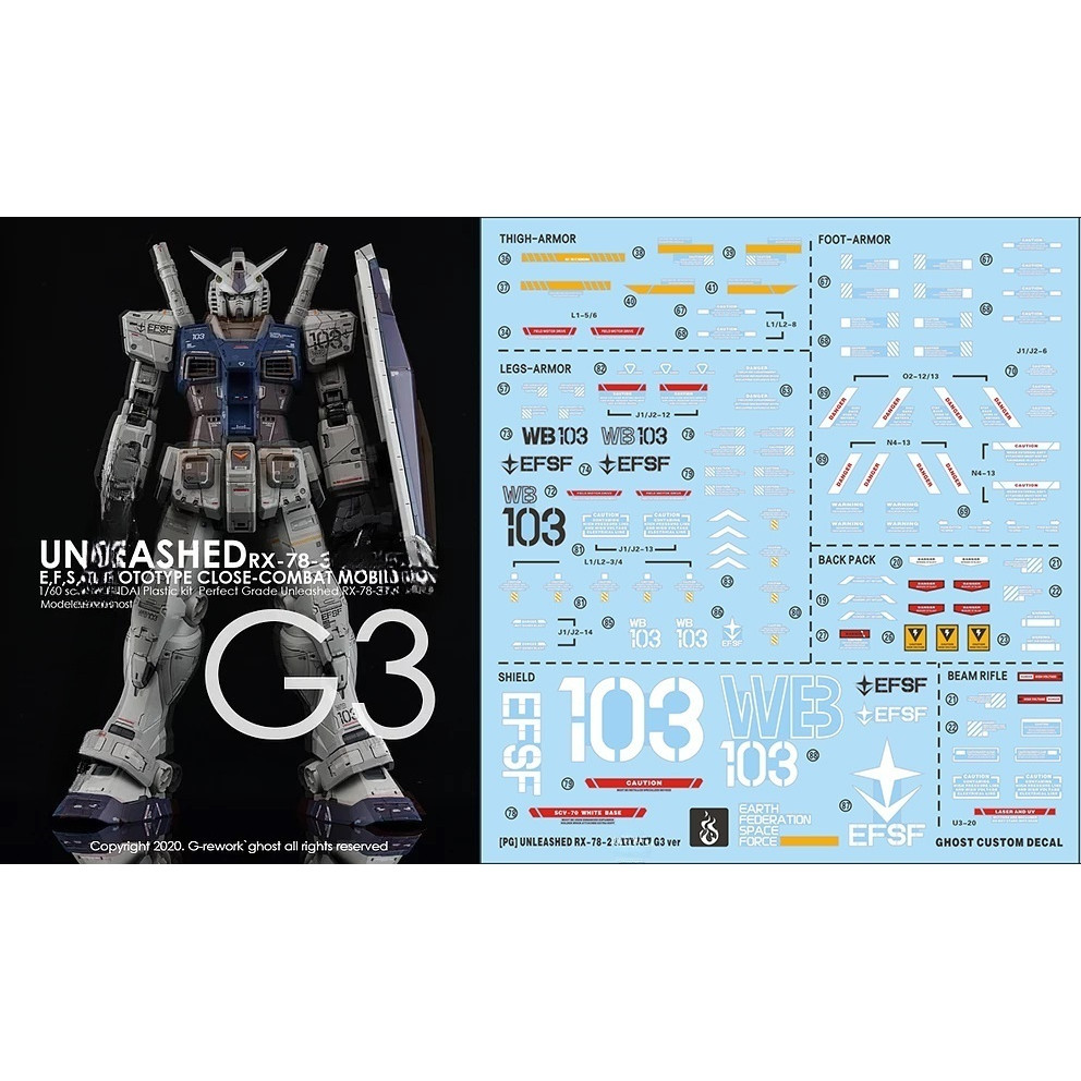 YAN GHOST PG UNLEASHED RX-78 G3 VER.  PGU G3 2.0 WATER SLIDE DECAL (YANGPG002)