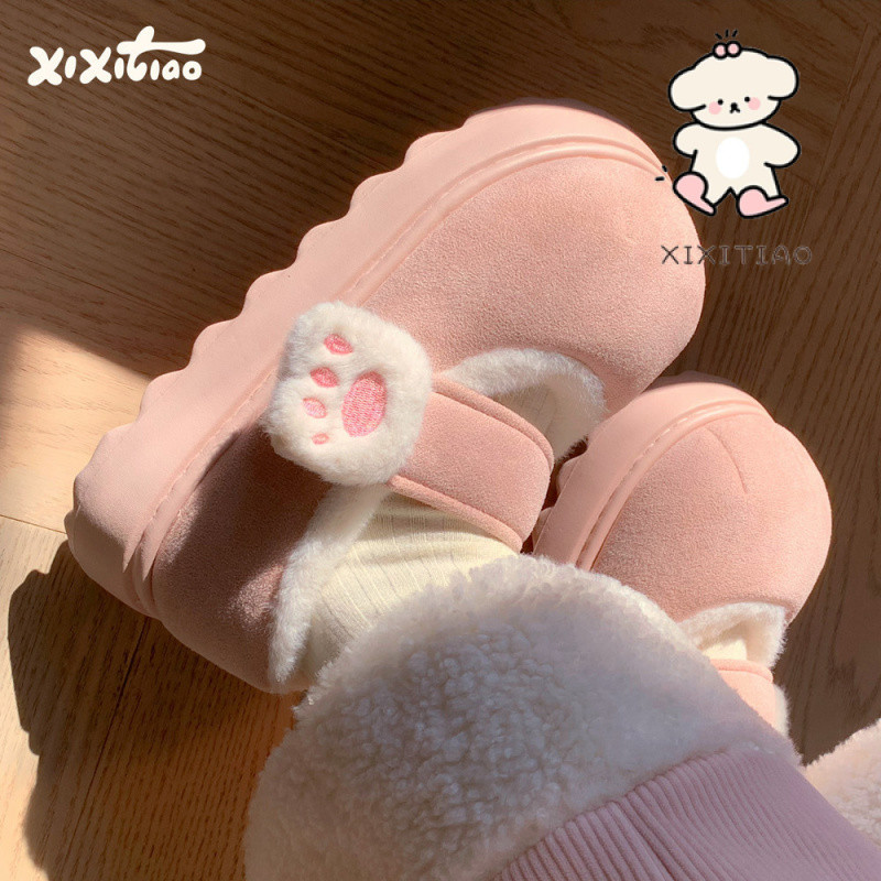Xitiao ความสูงหนา Soled ขี้เกียจฤดูหนาวสวมใส่ด้านนอก Warm Velcro รองเท้าผ้าฝ้ายสาวหัวใจแมวน่ารัก Claw Casual Peas รองเท้าผู้หญิง***-