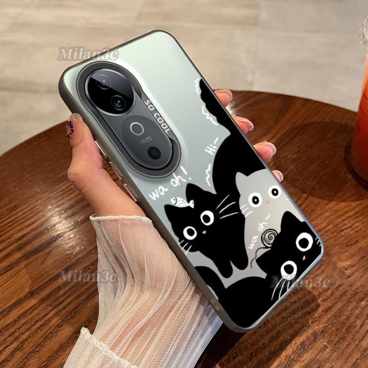 สําหรับ Vivo V50 V40 V29 กรณี Vivo V40 Pro น่ารักแมวดํา Ins สไตล์กันกระแทก Matte Hard เคสโทรศัพท์ IMD ปุ่มชุบฝาครอบโทรศัพท์สําหรับนักเรียนหญิงผู้หญิง