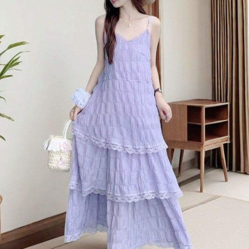 💞coco design💞ชุดเดรสยาวแฟชั่น Halter  ลูกไม้หลายชั้นออกแบบชุดหลวม ชุดไปทะเล